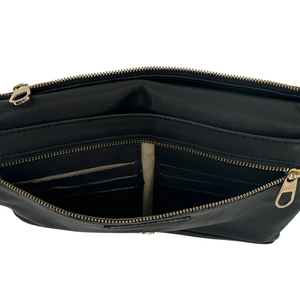 Ann Taylor Leather Clutch Fold Over Black Evening Bag Gold Capsule Minimalist